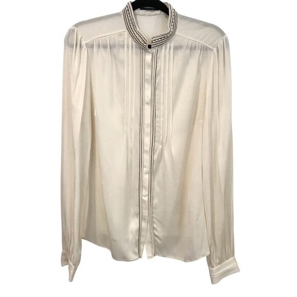 Elie Tahari Ivory Silk Long Sleeve Pintuck Blouse Embroidered Lurex Trim Size M - Picture 1 of 10